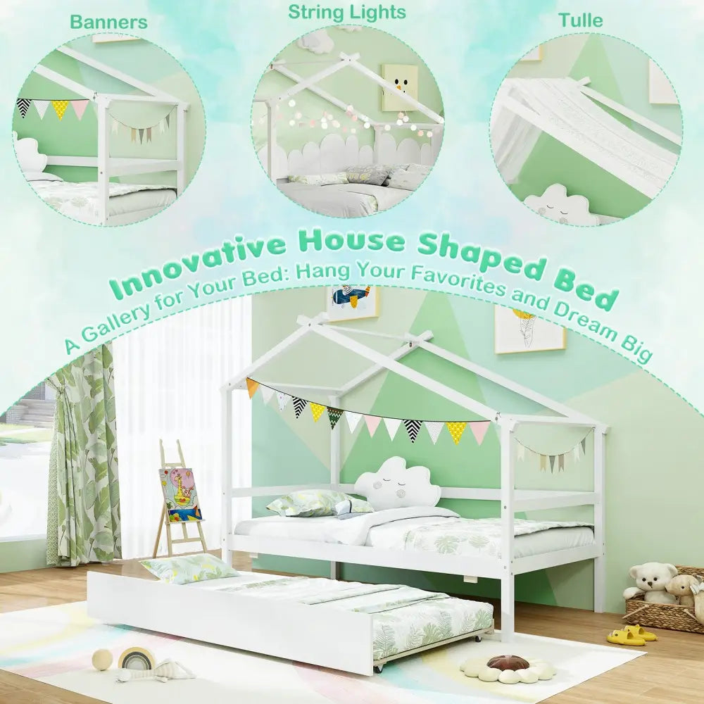 Kids Twin Size House Bed with Trundle and Roof-White - White - Trundle Bed Frame
