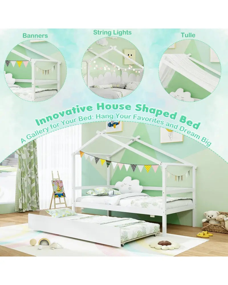 Kids Twin Size House Bed with Trundle and Roof-White - White - Trundle Bed Frame