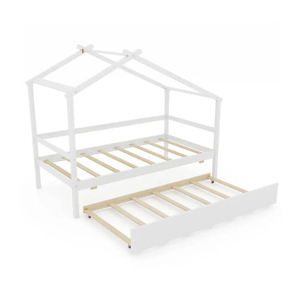 Kids Twin Size House Bed with Trundle and Roof-White - White - Trundle Bed Frame