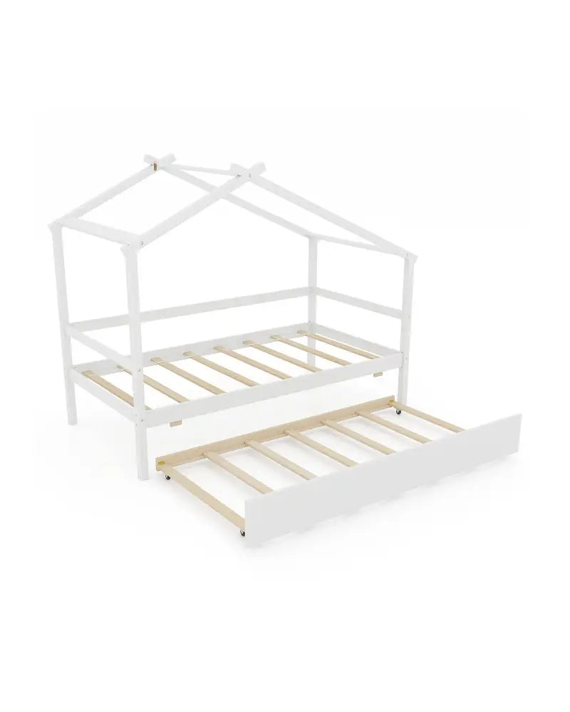 Kids Twin Size House Bed with Trundle and Roof-White - White - Trundle Bed Frame
