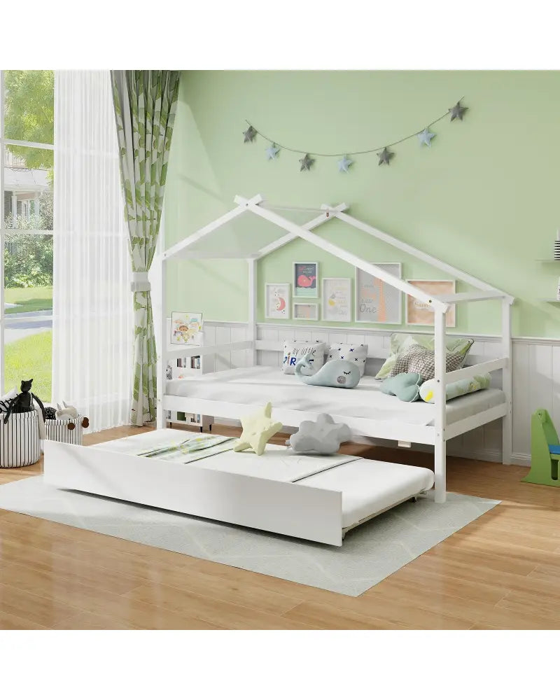 Kids Twin Size House Bed with Trundle and Roof-White - White - Trundle Bed Frame