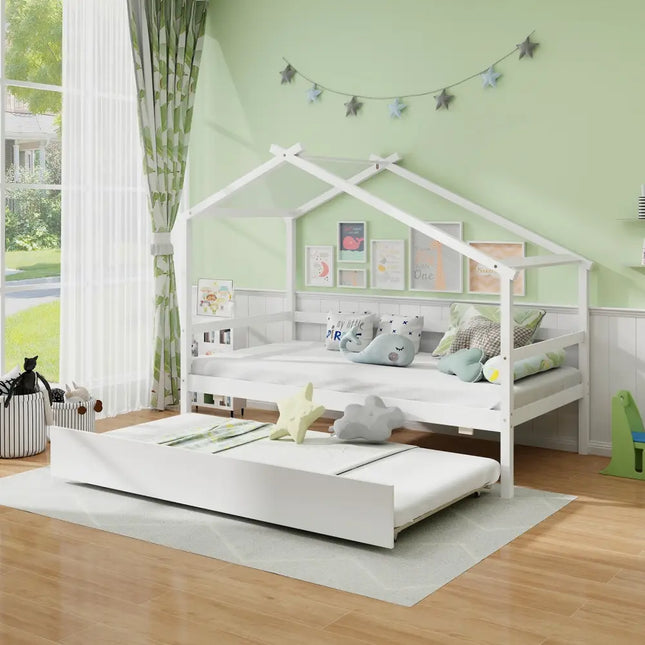 Kids Twin Size House Bed with Trundle and Roof-White - White - Trundle Bed Frame