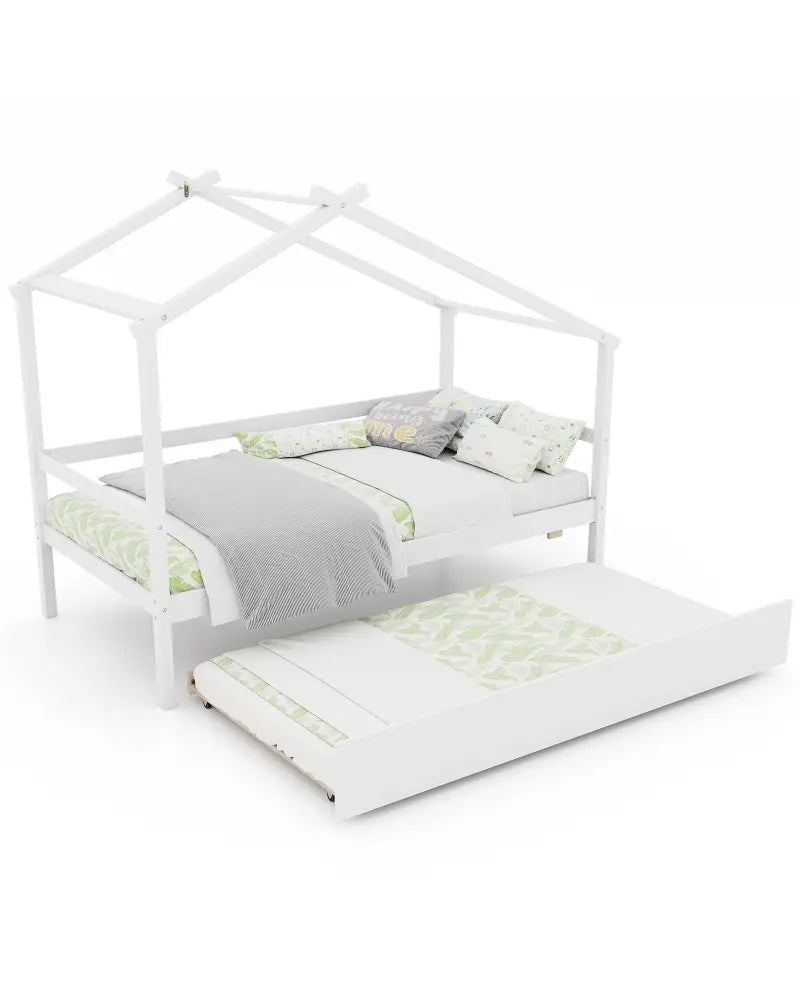 Kids Twin Size House Bed with Trundle and Roof-White - White - Trundle Bed Frame