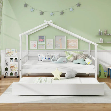 Kids Twin Size House Bed with Trundle and Roof-White - White - Trundle Bed Frame