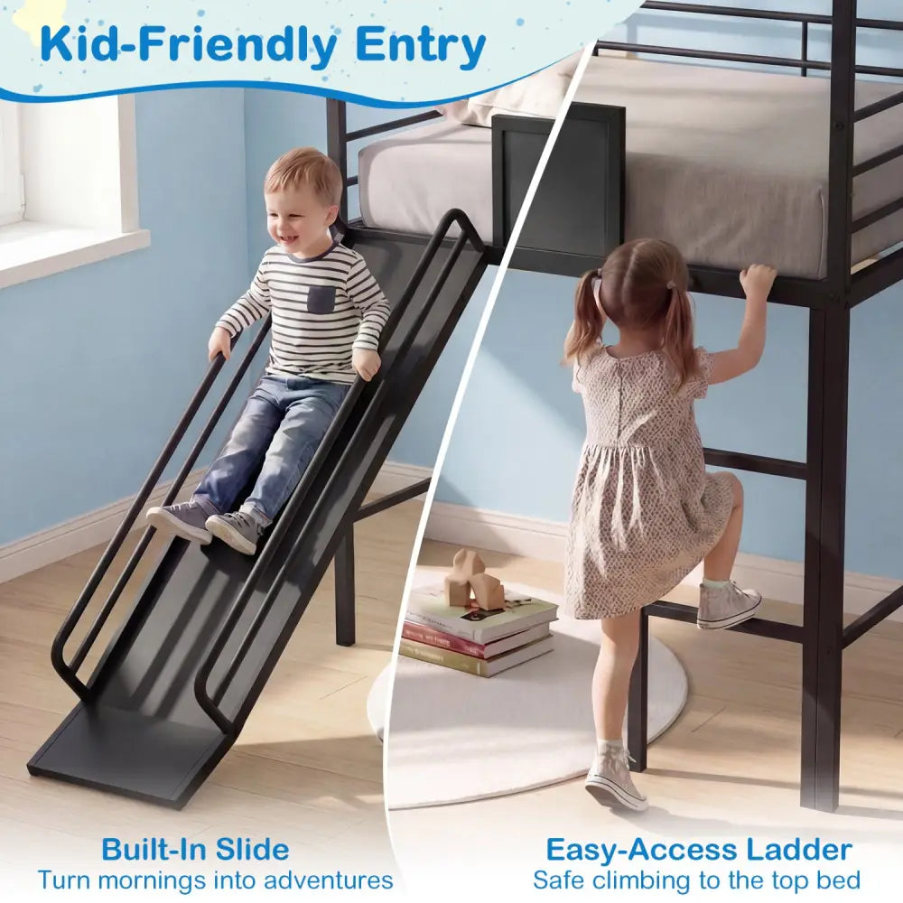 Kids Twin Size Loft Bed with Ladder and Slide for Bedroom-Black - Black - Toddler Beds