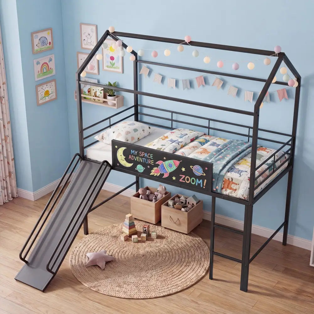 Kids Twin Size Loft Bed with Ladder and Slide for Bedroom-Black - Black - Toddler Beds
