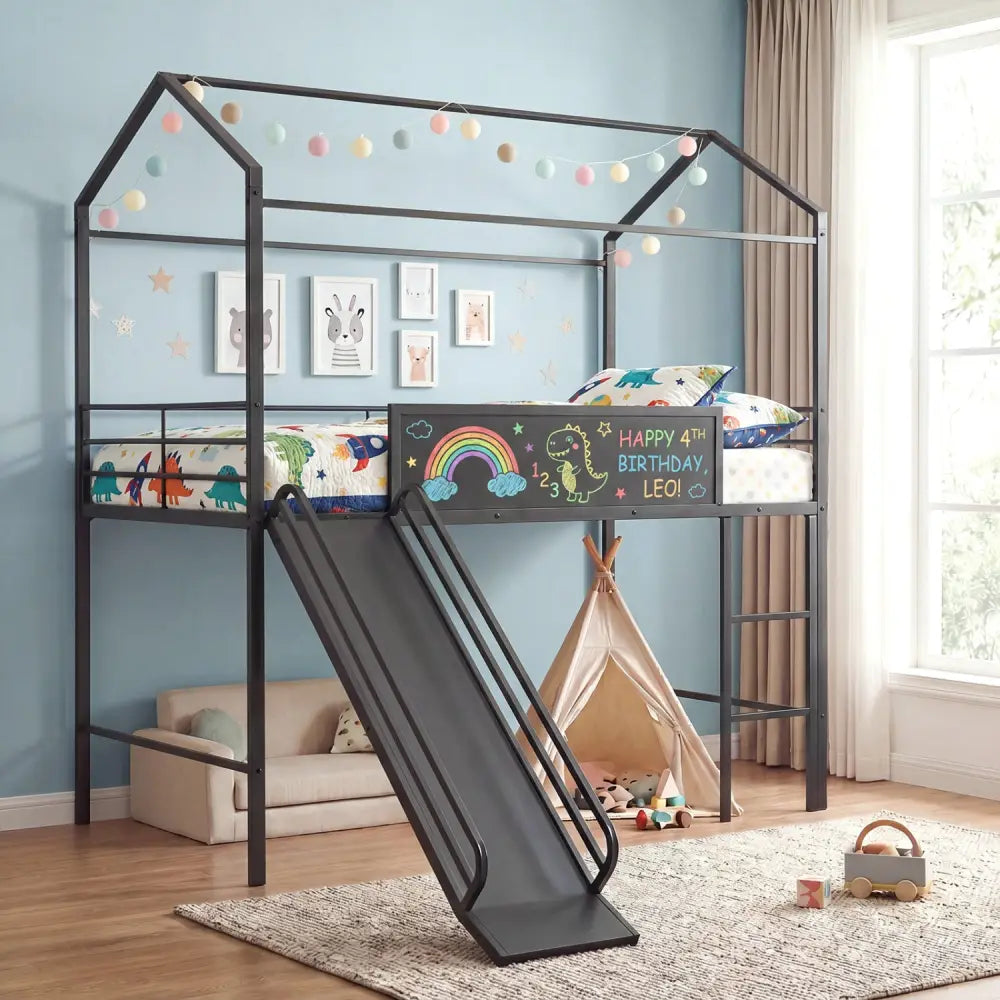 Kids Twin Size Loft Bed with Ladder and Slide for Bedroom-Black - Black - Toddler Beds