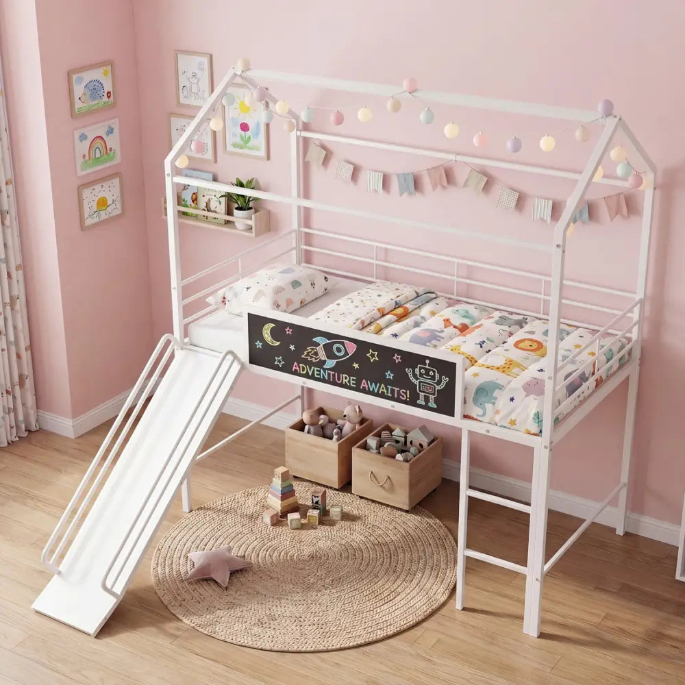 Kids Twin Size Loft Bed with Ladder and Slide for Bedroom-White - White - Toddler Beds