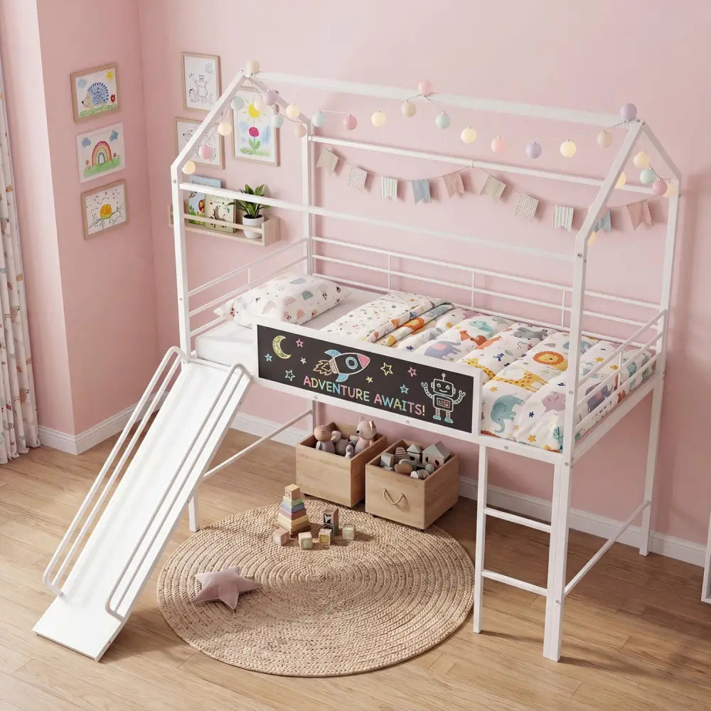 Kids Twin Size Loft Bed with Ladder and Slide for Bedroom-White - White - Toddler Beds