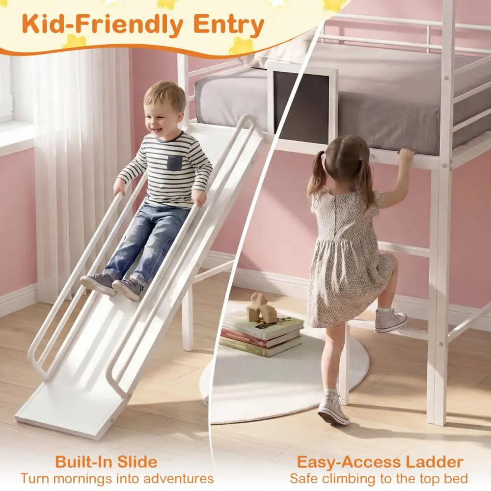 Kids Twin Size Loft Bed with Ladder and Slide for Bedroom-White - White - Toddler Beds