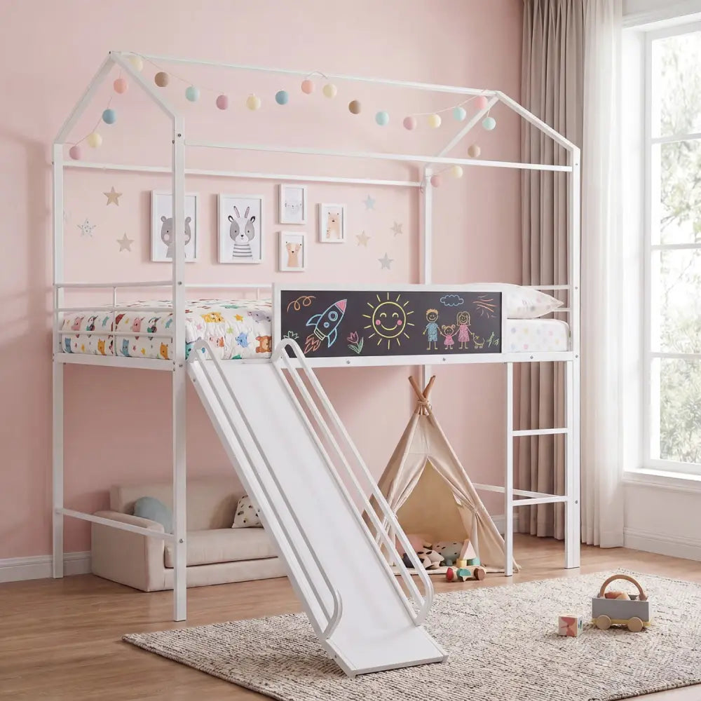 Kids Twin Size Loft Bed with Ladder and Slide for Bedroom-White - White - Toddler Beds