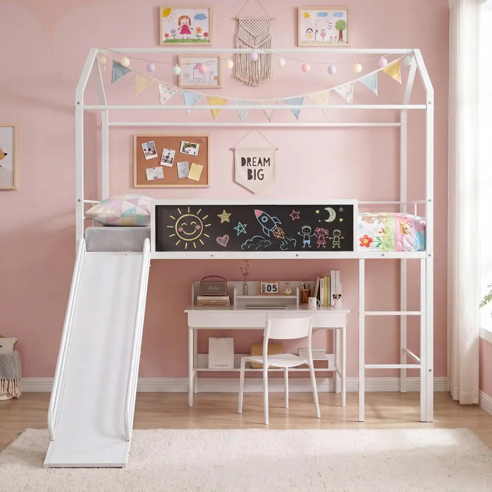 Kids Twin Size Loft Bed with Ladder and Slide for Bedroom-White - White - Toddler Beds