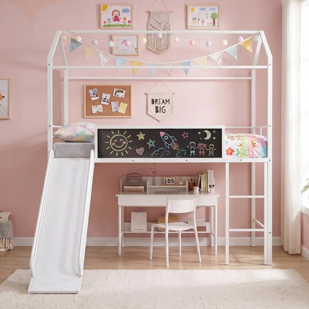Kids Twin Size Loft Bed with Ladder and Slide for Bedroom-White - White - Toddler Beds