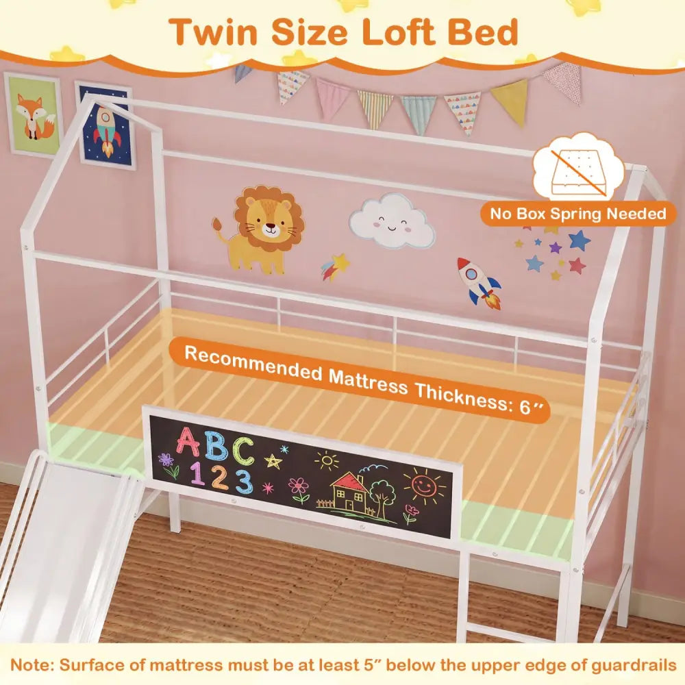 Kids Twin Size Loft Bed with Ladder and Slide for Bedroom-White - White - Toddler Beds