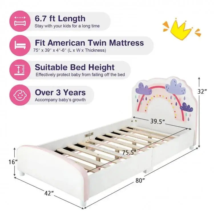 Kids Twin Size Upholstered Platform Wooden Bed with Rainbow Pattern - Oasis Home Essentials