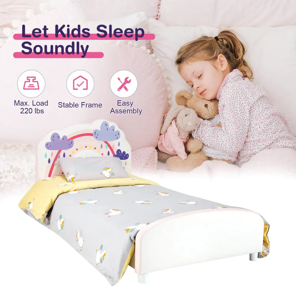 Kids Twin Size Upholstered Platform Wooden Bed with Rainbow Pattern - White - Toddler Beds
