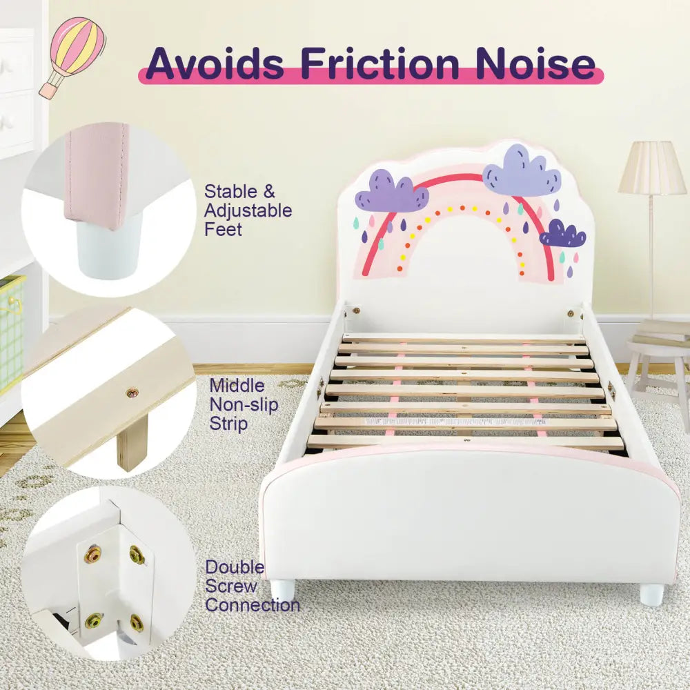 Kids Twin Size Upholstered Platform Wooden Bed with Rainbow Pattern - White - Toddler Beds