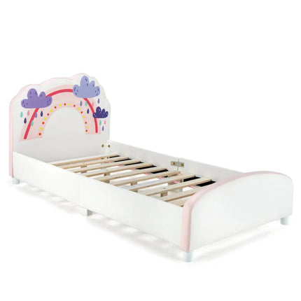 Kids Twin Size Upholstered Platform Wooden Bed with Rainbow Pattern - White - Toddler Beds