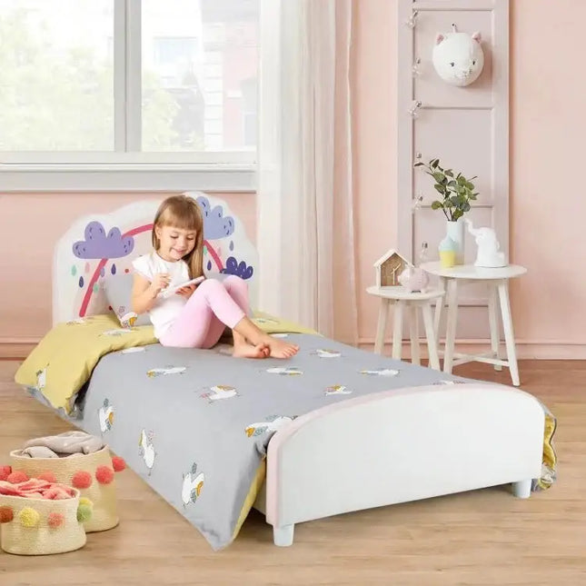 Kids Twin Size Upholstered Platform Wooden Bed with Rainbow Pattern - Oasis Home Essentials