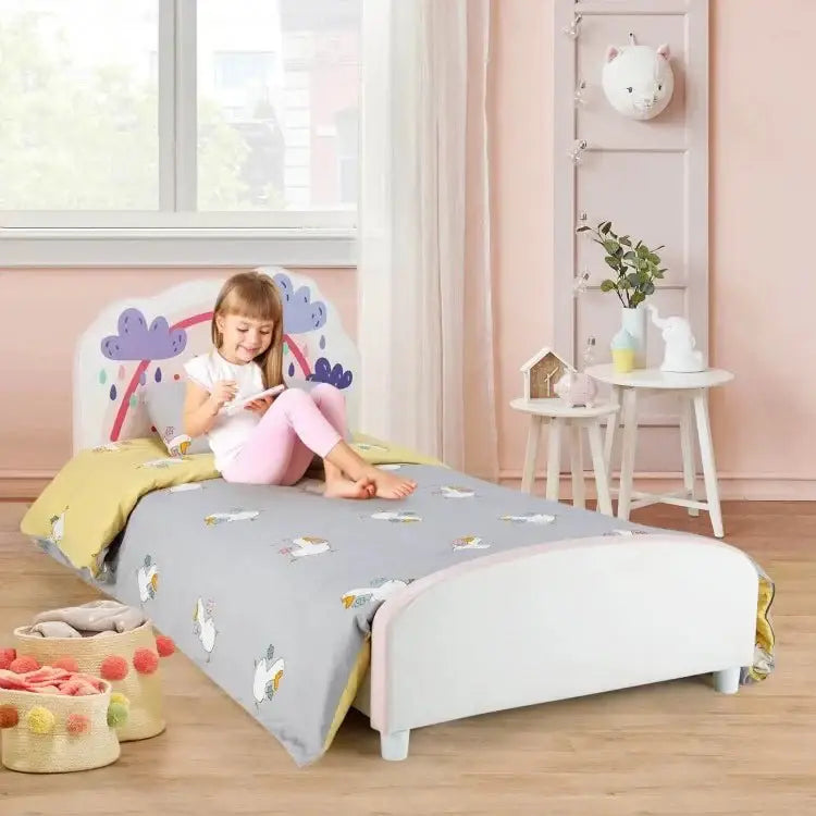 Kids Twin Size Upholstered Platform Wooden Bed with Rainbow Pattern - Oasis Home Essentials