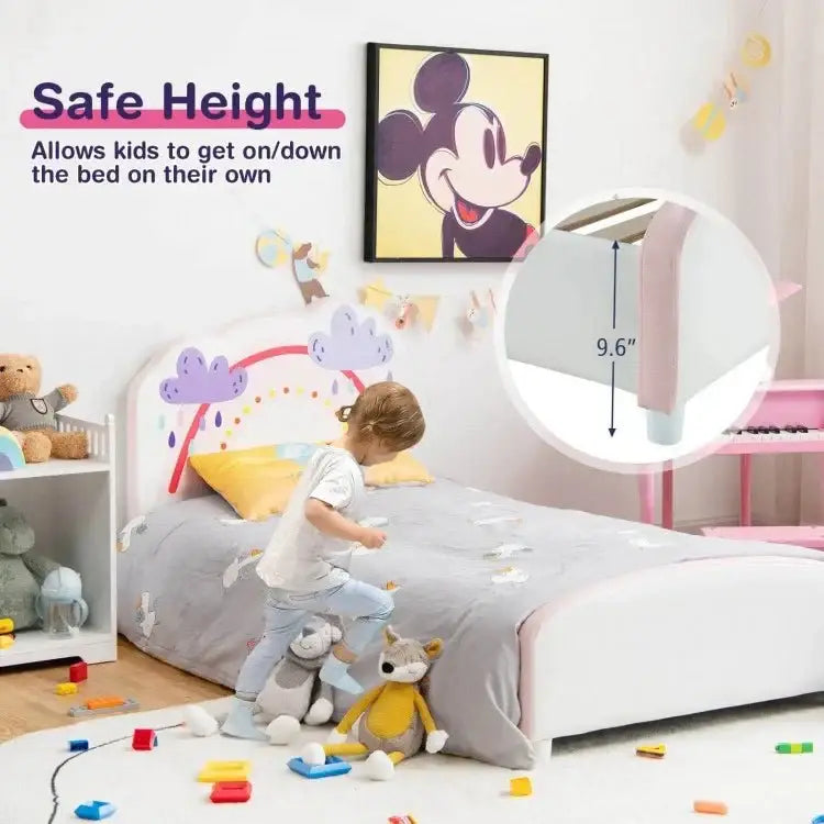 Kids Twin Size Upholstered Platform Wooden Bed with Rainbow Pattern - Oasis Home Essentials