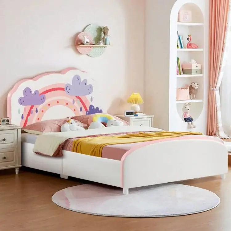 Kids Twin Size Upholstered Platform Wooden Bed with Rainbow Pattern - Oasis Home Essentials