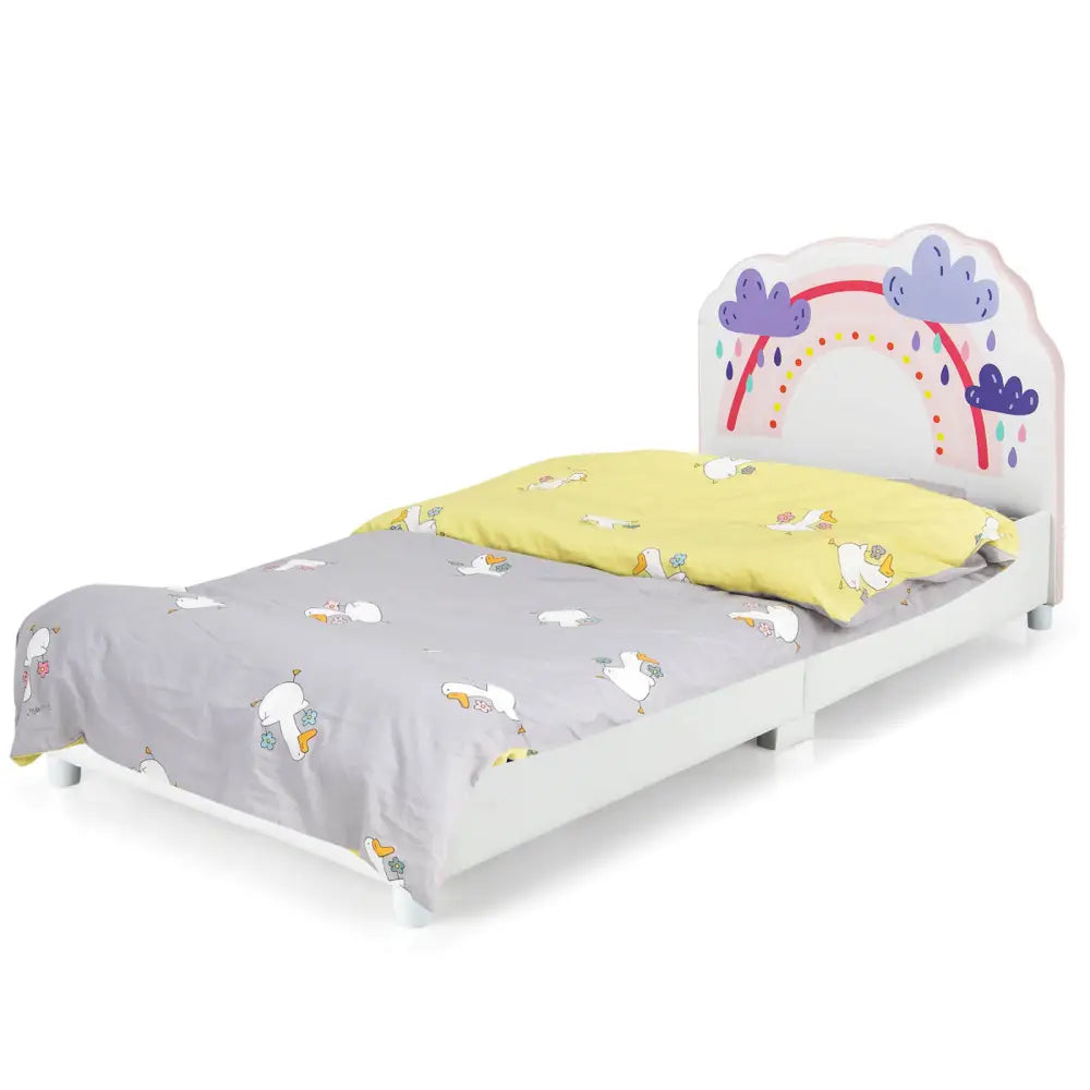 Kids Twin Size Upholstered Platform Wooden Bed with Rainbow Pattern - White - Toddler Beds