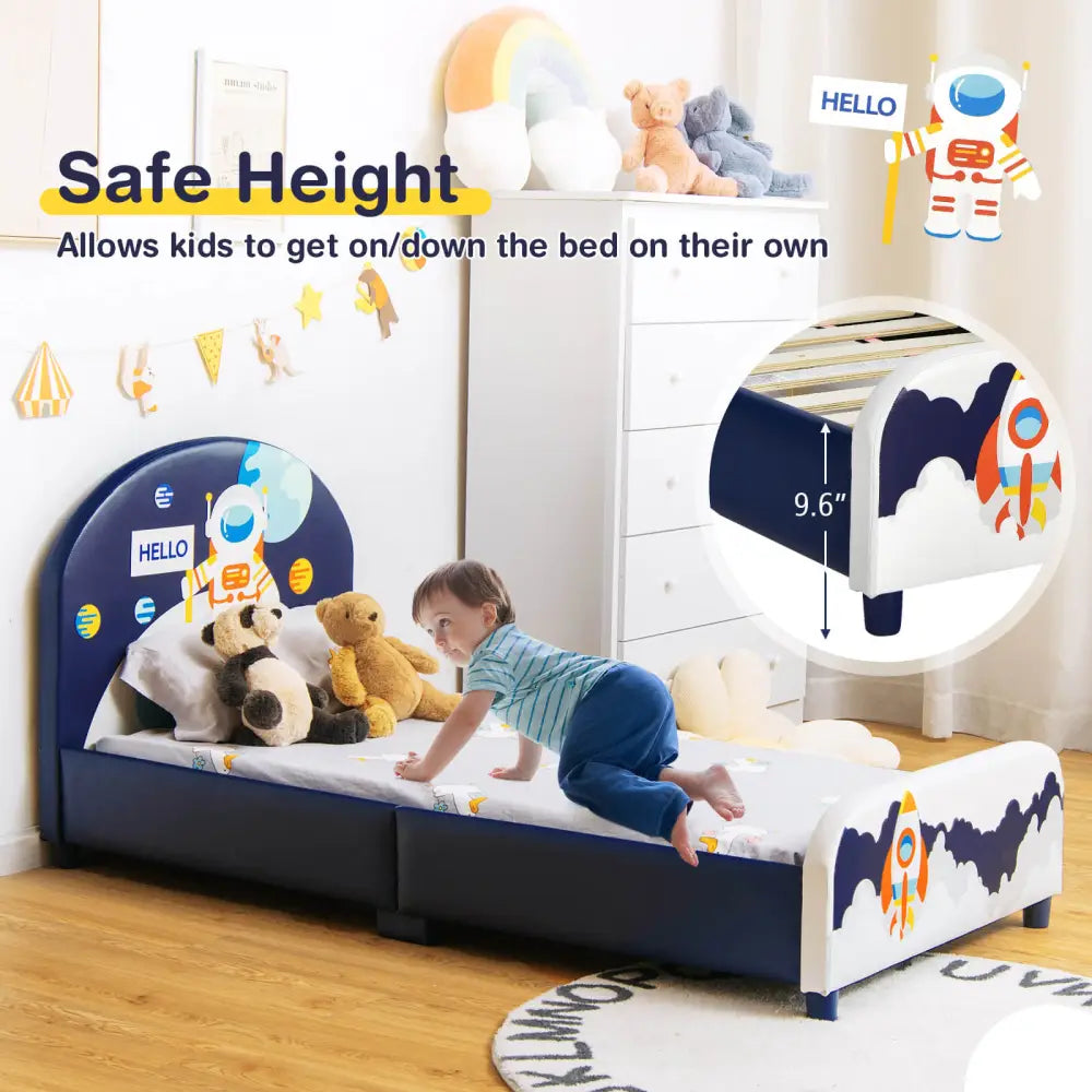 Kids Upholstered Platform Bed with Headboard and Footboard - Dark Blue - Toddler Beds