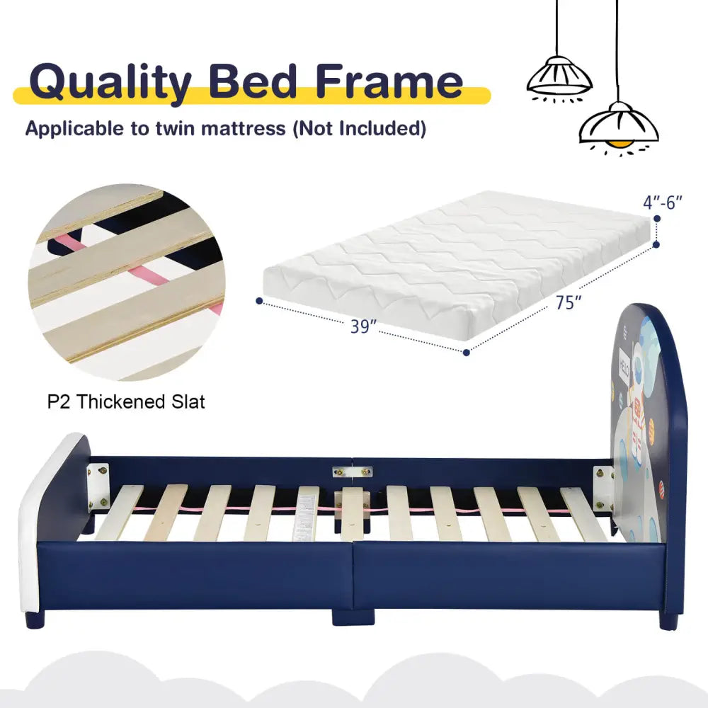 Kids Upholstered Platform Bed with Headboard and Footboard - Dark Blue - Toddler Beds