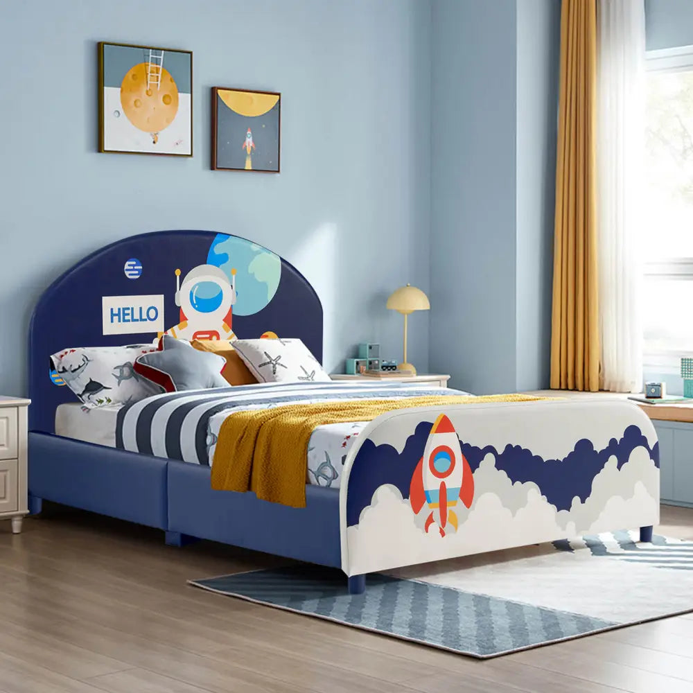 Kids Upholstered Platform Bed with Headboard and Footboard - Dark Blue - Toddler Beds