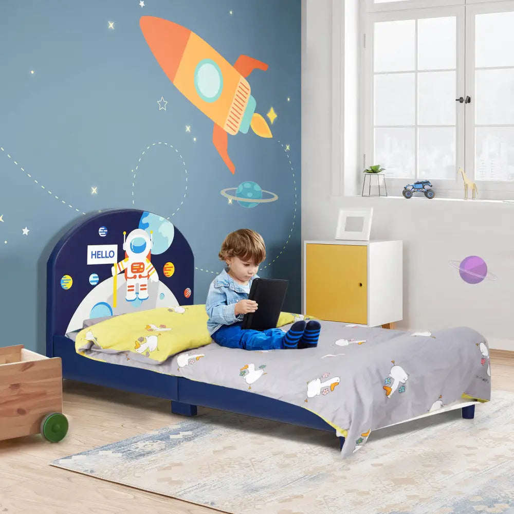 Kids Upholstered Platform Bed with Headboard and Footboard - Dark Blue - Toddler Beds