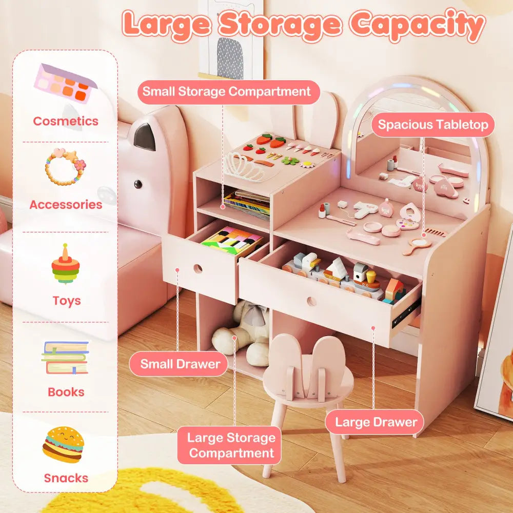 Kids Vanity Desk and Chair Set with Lights Open Shelves-Pink - Pink - Kids Vanities
