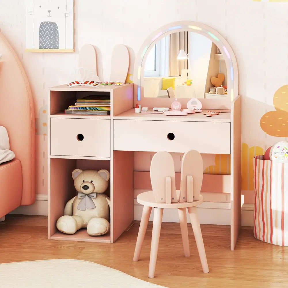 Kids Vanity Desk and Chair Set with Lights Open Shelves-Pink - Pink - Kids Vanities