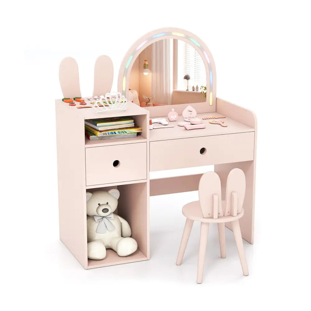 Kids Vanity Desk and Chair Set with Lights Open Shelves-Pink - Pink - Kids Vanities