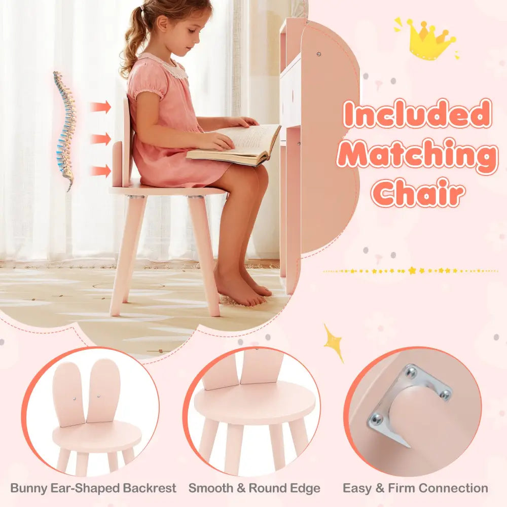 Kids Vanity Desk and Chair Set with Lights Open Shelves-Pink - Pink - Kids Vanities