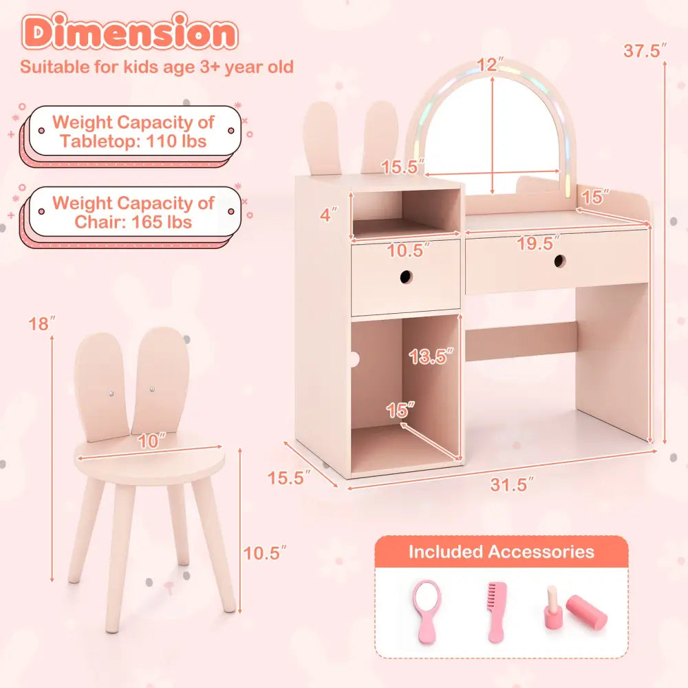 Kids Vanity Desk and Chair Set with Lights Open Shelves-Pink - Pink - Kids Vanities