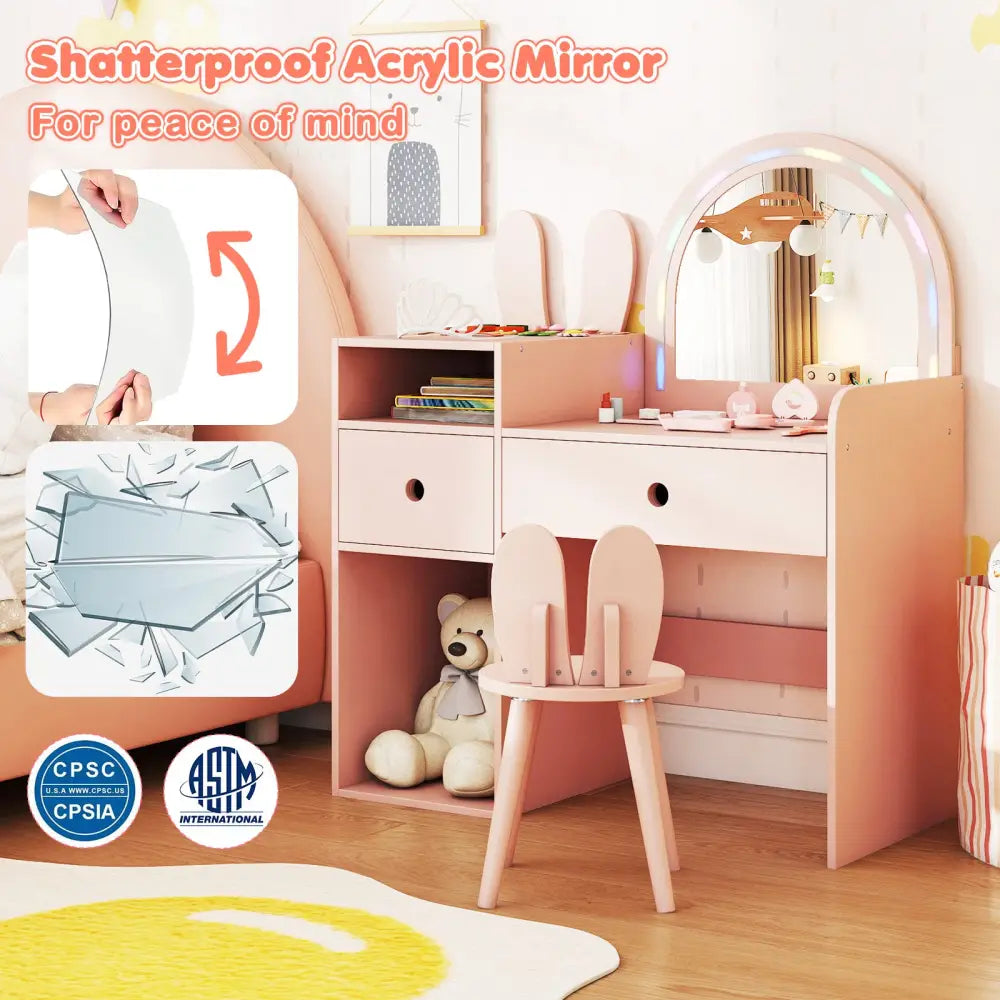 Kids Vanity Desk and Chair Set with Lights Open Shelves-Pink - Pink - Kids Vanities