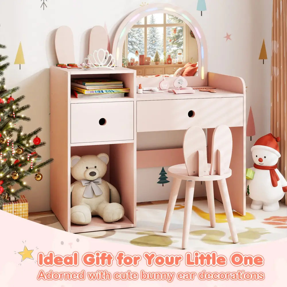 Kids Vanity Desk and Chair Set with Lights Open Shelves-Pink - Pink - Kids Vanities