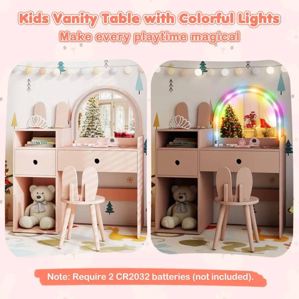 Kids Vanity Desk and Chair Set with Lights Open Shelves-Pink - Pink - Kids Vanities