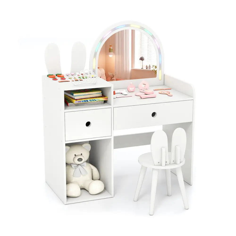Kids Vanity Desk and Chair Set with Lights Open Shelves-White - White - Kids Vanities