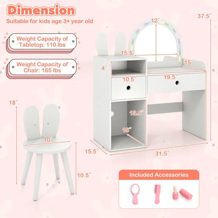 Kids Vanity Desk and Chair Set with Lights Open Shelves-White - White - Kids Vanities