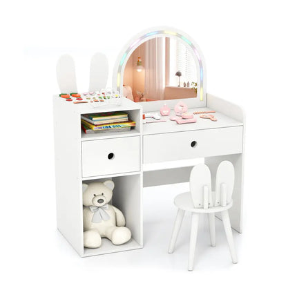 Kids Vanity Desk and Chair Set with Lights Open Shelves-White - White - Kids Vanities