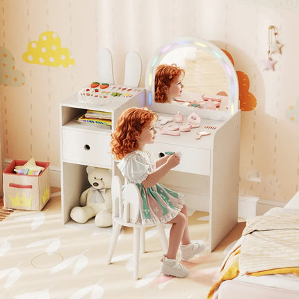 Kids Vanity Desk and Chair Set with Lights Open Shelves-White - White - Kids Vanities