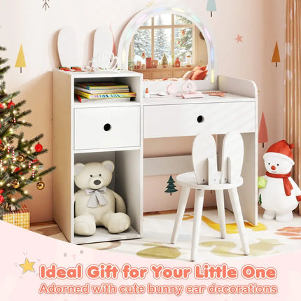 Kids Vanity Desk and Chair Set with Lights Open Shelves-White - White - Kids Vanities