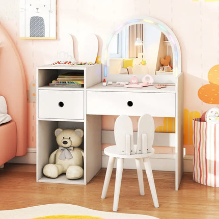 Kids Vanity Desk and Chair Set with Lights Open Shelves-White - White - Kids Vanities