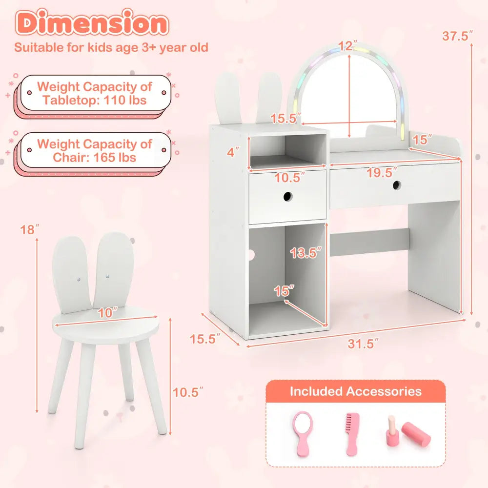Kids Vanity Desk and Chair Set with Lights Open Shelves-White - White - Kids Vanities