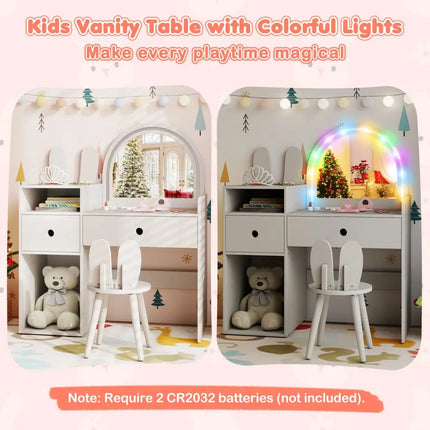 Kids Vanity Desk and Chair Set with Lights Open Shelves-White - White - Kids Vanities