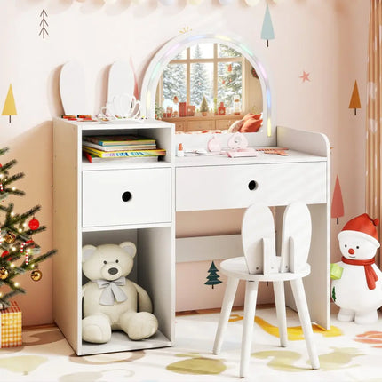 Kids Vanity Desk and Chair Set with Lights Open Shelves-White - White - Kids Vanities