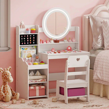 Kids Vanity Desk with Mirror and Lights Princess Pretend Play Dressing Table and Chair Set-White - White - Kids Vanities