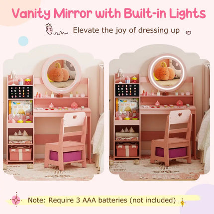 Kids Vanity Desk with Mirror and Lights Princess Pretend Play Dressing Table and Chair Set-Pink - Pink - Kids Vanities